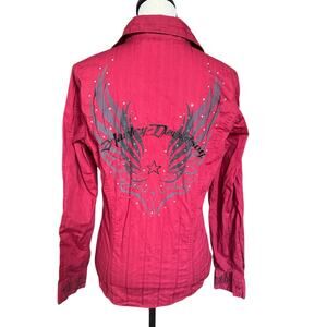 Harley Davidson Women's Medium Red Long Sleeve Button Up Blouse Embroidered